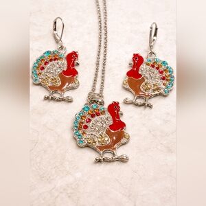 Colorful Turkey Pendant Necklace and Earrings Set